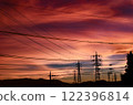 A typical Japanese town skyline with a tangle of steel towers and power lines 122396814
