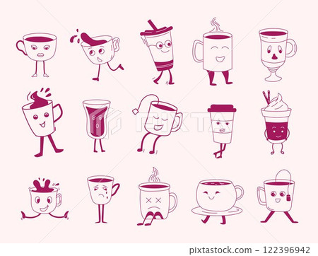 coffee and tea cups depicting various emotions like smiling, laughing, crying, and sadness. 122396942
