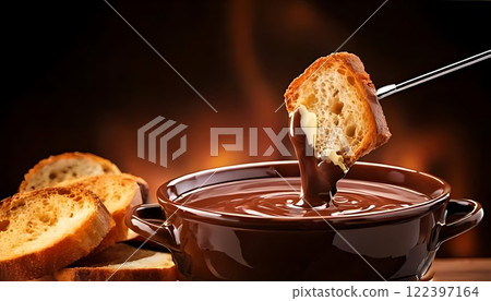 Fondue, melted cheese or chocolate, is used for dipping bread or other foods. 122397164
