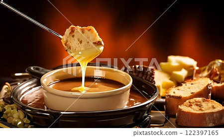 Fondue- Melted cheese in a pot used for dipping bread and other foods Fondue- Melted cheese in a pot used for dipping bread and other foods 122397165