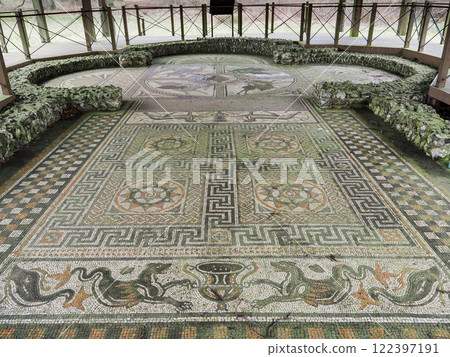 The Orpheus Mosaic tiled floor at Littlecote Roman Villa, Wiltshire 122397191