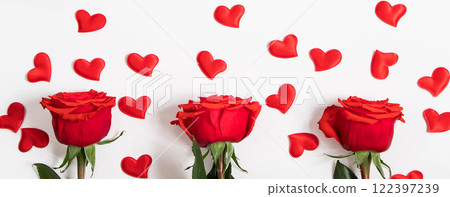 Red roses and hearts on white background. Valentine's day greeting card. Place for your text. 122397239