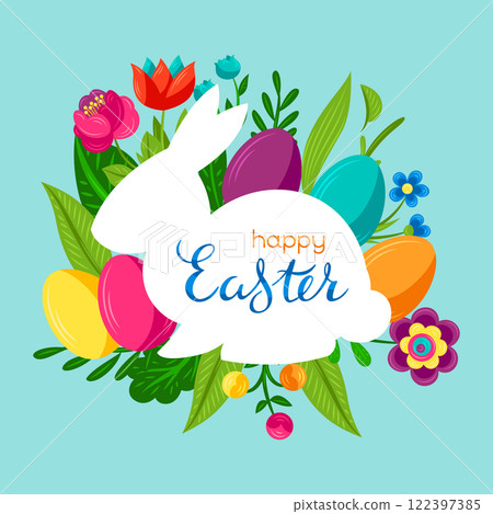Happy Easter greeting card. Cute eggs and flowers for celebration. 122397385
