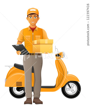 delivery man on scooter courier service vector illustration 122397416