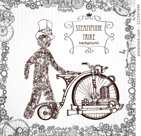 Mechanical Man in Cylinder Hat. Victorian, Steampunk Style. Template Edwardian Frame Holiday Party. Vector 122397494