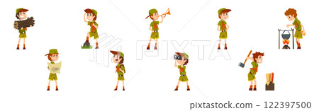 Funny Boy Scout in Khaki Uniform Explore Nature Vector Set Funny Boy Scout in Khaki Uniform Explore Nature Vector Set 122397500
