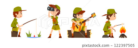 Funny Boy Scout in Khaki Uniform Explore Nature Vector Set Funny Boy Scout in Khaki Uniform Explore Nature Vector Set 122397505