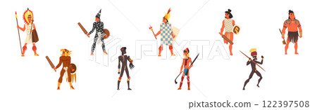 Man Native and Aboriginal Warrior with Weapon Vector Set Man Native and Aboriginal Warrior with Weapon Vector Set 122397508