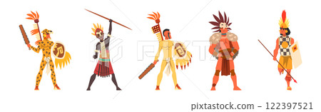 Man Native and Aboriginal Warrior with Weapon Vector Set Man Native and Aboriginal Warrior with Weapon Vector Set 122397521