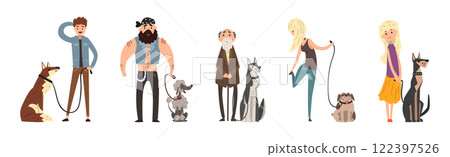 Pet Owner Man and Woman Character with Their Animal Vector Set Pet Owner Man and Woman Character with Their Animal Vector Set 122397526