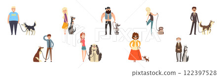 Pet Owner Man and Woman Character with Their Animal Vector Set Pet Owner Man and Woman Character with Their Animal Vector Set 122397528