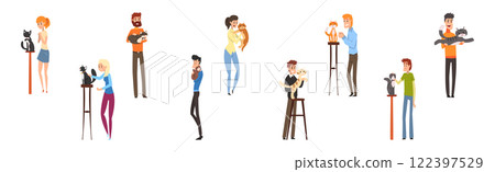 Pet Owner Man and Woman Character with Their Animal Vector Set Pet Owner Man and Woman Character with Their Animal Vector Set 122397529