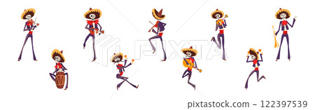 Skeleton Bony Character as Mexican Musician Play Musical Instrument Vector Set Skeleton Bony Character as Mexican Musician Play Musical Instrument Vector Set 122397539