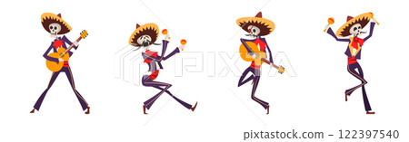 Skeleton Bony Character as Mexican Musician Play Musical Instrument Vector Set 122397540