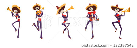 Skeleton Bony Character as Mexican Musician Play Musical Instrument Vector Set Skeleton Bony Character as Mexican Musician Play Musical Instrument Vector Set 122397542
