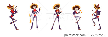 Skeleton Bony Character as Mexican Musician Play Musical Instrument Vector Set Skeleton Bony Character as Mexican Musician Play Musical Instrument Vector Set 122397543