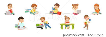 Funny Boy and Girl Study with Book and Learning Vector Set Funny Boy and Girl Study with Book and Learning Vector Set 122397544