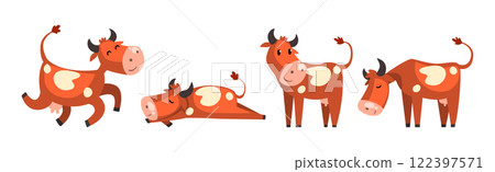 Funny Brown Cow Farm Animal in Different Pose Vector Set 122397571
