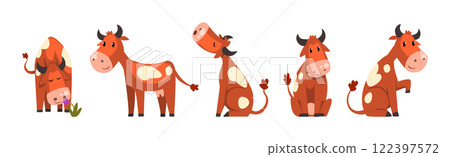 Funny Brown Cow Farm Animal in Different Pose Vector Set 122397572