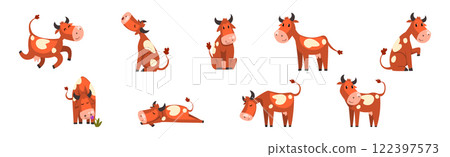 Funny Brown Cow Farm Animal in Different Pose Vector Set 122397573