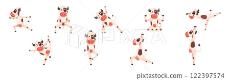 Funny Cow Farm Animal Enjoy Yoga Pose Vector Set 122397574