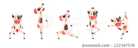 Funny Cow Farm Animal Enjoy Yoga Pose Vector Set 122397576