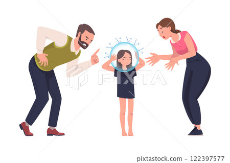 Mother and Father Shouting and Giving Lecture to Their Daughter Wearing Glass Bulb on Head Not Hearing Them as Problematic Communication and Misunderstanding Between Parent and Child Vector 122397577
