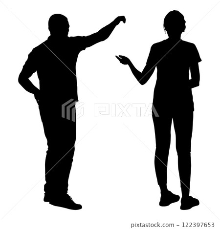 Silhouette man and a woman are talking together on White Background 122397653