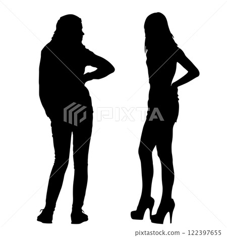 Silhouette Two women are talking together on White Background Silhouette Two women are talking together on White Background 122397655