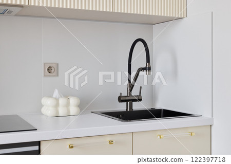 An Elegant Modern Kitchen Featuring a Black Faucet and a Sleek Contemporary Design An Elegant Modern Kitchen Featuring a Black Faucet and a Sleek Contemporary Design 122397718