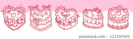 Heart Shaped Cakes set in vintage coquette style. Hand drawn linear doodle vector illustration. 122397845