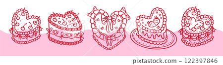 Set of Retro Cake heart-shaped in Groovy Coquette style with cherry and ribbon bows. Hand drawn linear doodle vector illustration, Set of Retro Cake heart-shaped in Groovy Coquette style with cherry and ribbon bows. Hand drawn linear doodle vector illustration, 122397846