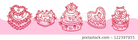 Coquette cakes set. Vintage Cake Collection with Retro Cream Decorations and Heart cake. Valentine's day pink coquette clipart. Hand drawn doodle vector illustration, 122397855