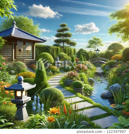 美麗的綠色日本花園 美麗的綠色日本花園 122397997