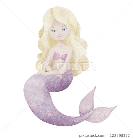 Watercolor illustration of a blonde sitting Mermaid with purple tail for Fairytale childish greeting cards or baby girl invitations. Drawing of fantasy underwater character for nursery wall art. 122398332