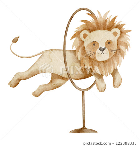 Watercolor illustration of Circus Lion jumping through a ring. Drawing of cute carnival animal for Performance poster or childish party invitations. Art for baby shower greeting cards. Watercolor illustration of Circus Lion jumping through a ring. Drawing of cute carnival animal for Performance poster or childish party invitations. Art for baby shower greeting cards. 122398333