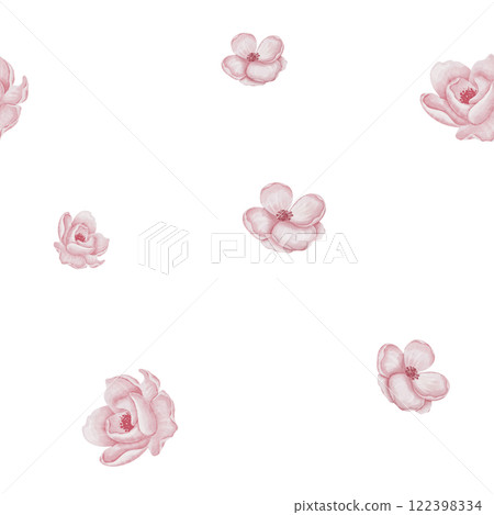 Seamless Floral pattern with pink Flowers and botanical elements. Watercolor illustration for baby wallpaper designs, wrapping paper, or textile. Botanical background for childish backdrop. 122398334