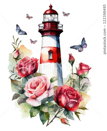 Lighthouse and flowers: chamomile, rose, pansy, water lily. Vector watercolor illustration Lighthouse and flowers: chamomile, rose, pansy, water lily. Vector watercolor illustration 122398495