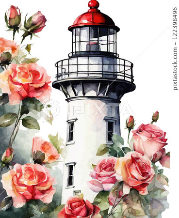 Lighthouse and flowers: chamomile, rose, pansy, water lily. Vector watercolor illustration Lighthouse and flowers: chamomile, rose, pansy, water lily. Vector watercolor illustration 122398496