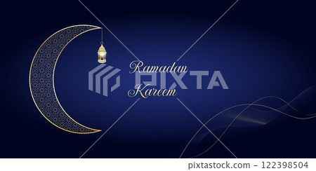 Elegant ramadan kareem with golden moon and golden lamp for background illustration. EPS 10. Vector illustration 122398504