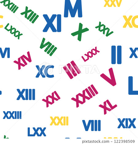 Seamless pattern with Roman numerals. Ten, twenty, thirty, forty, fifty, sixty, seventy, eighty, ninety. Algebra and geometry, calculations 122398509