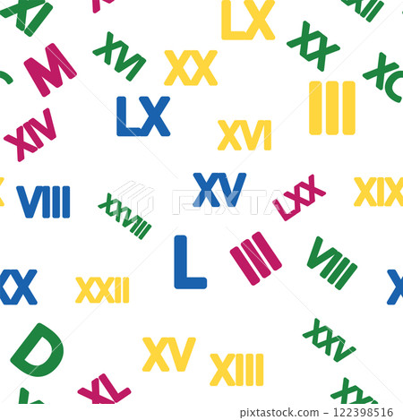 Seamless pattern with Roman numerals. Ten, twenty, thirty, forty, fifty, sixty, seventy, eighty, ninety. Algebra and geometry, calculations 122398516