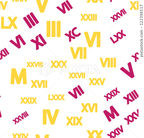 Seamless pattern with Roman numerals. Ten, twenty, thirty, forty, fifty, sixty, seventy, eighty, ninety. Algebra and geometry, calculations Seamless pattern with Roman numerals. Ten, twenty, thirty, forty, fifty, sixty, seventy, eighty, ninety. Algebra and geometry, calculations 122398517