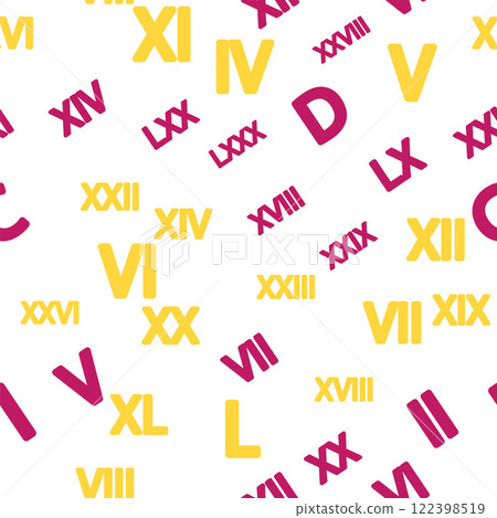 Seamless pattern with Roman numerals. Ten, twenty, thirty, forty, fifty, sixty, seventy, eighty, ninety. Algebra and geometry, calculations 122398519