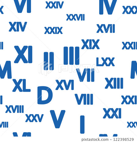Seamless pattern with Roman numerals. Ten, twenty, thirty, forty, fifty, sixty, seventy, eighty, ninety. Algebra and geometry, calculations 122398529