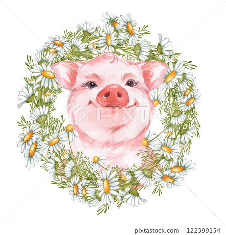 Cute watercolor piglet with daisy flowers, hand painted animal illustration. 122399154