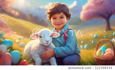 Happy little boy holding a cute white lamb in the blooming spring meadow with Easter eggs. Beautiful Paschal season background Happy little boy holding a cute white lamb in the blooming spring meadow with Easter eggs. Beautiful Paschal season background 122399334