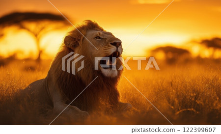 Majestic Lion Rests in the Golden Grasslands During a Breathtaking Safari at Sunset 122399607