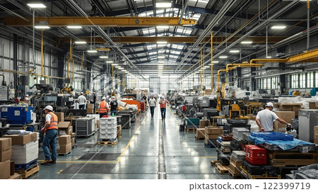 A busy manufacturing facility filled with workers and a variety of equipment in action 122399719