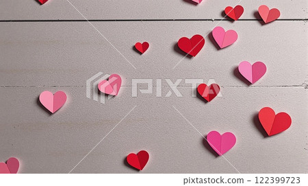 Vibrantly Colorful Heart Decorations Beautifully Displayed on a Rustic Wooden Surface Vibrantly Colorful Heart Decorations Beautifully Displayed on a Rustic Wooden Surface 122399723